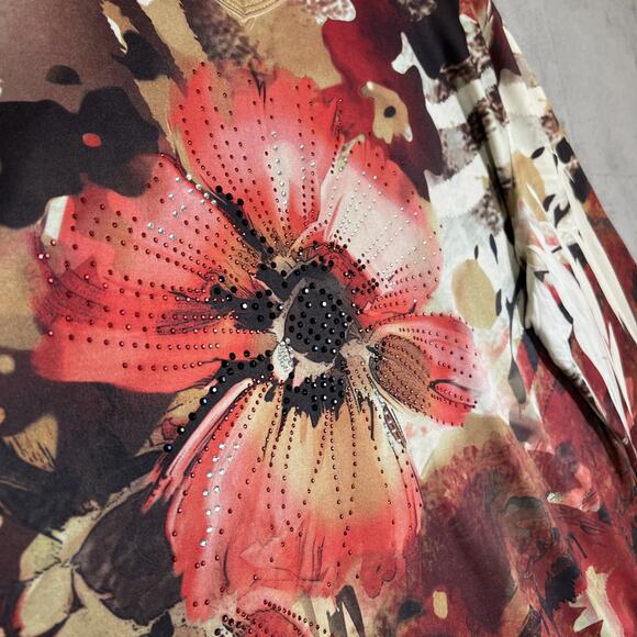 Jess Jane Top 2X Red Floral Sparkle Bling Micro Fiber Art to Wear Stretchy USA - Picture 2 of 11